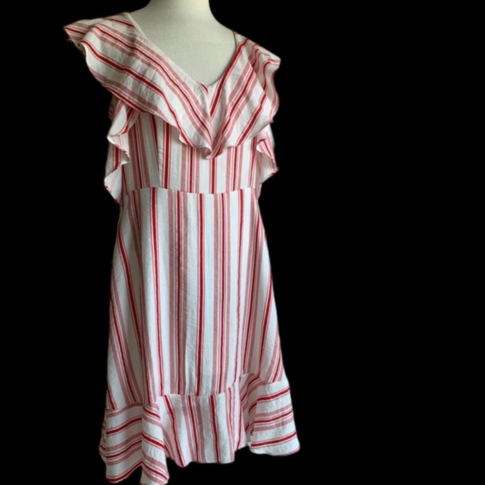 White red striped linen dress, cold shoulder w- overlay rufflley‎ neck l…